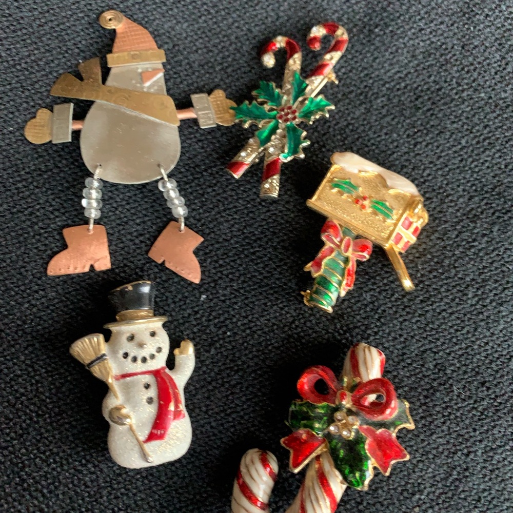Festive Christmas Brooch Set - Snowman, Candy Cane, Santa, Gift Box